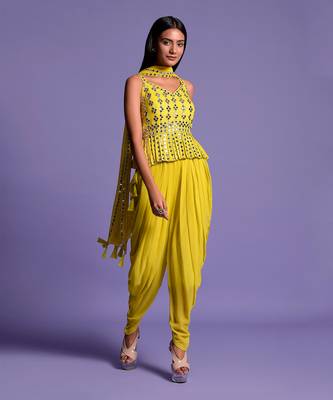 Yellow Georgette Embroidered Top With Dhoti 1