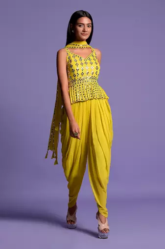 Yellow Georgette Embroidered Top With Dhoti