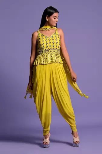 Yellow Georgette Embroidered Top With Dhoti