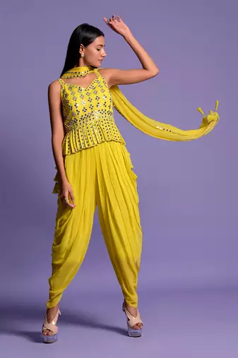 Yellow Georgette Embroidered Top With Dhoti