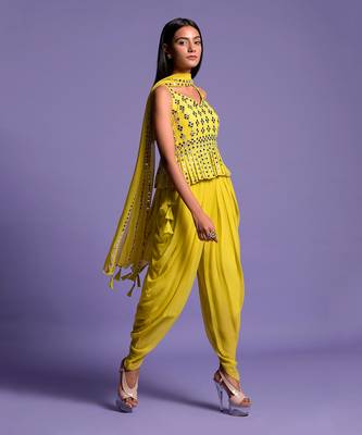 Yellow Georgette Embroidered Top With Dhoti 5