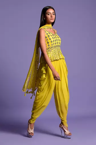 Yellow Georgette Embroidered Top With Dhoti