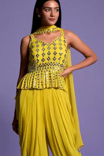 Yellow Georgette Embroidered Top With Dhoti