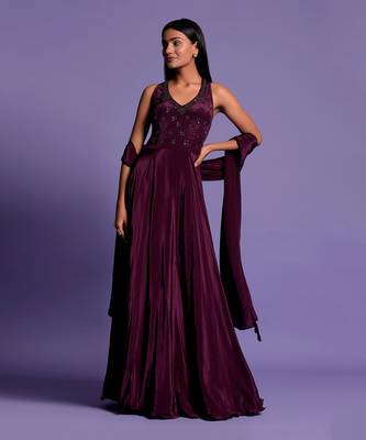 Wine Halter V Neck Sequin Embroidered Full Length Anarkali 1