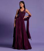 Wine Halter V Neck Sequin Embroidered Full Length Anarkali