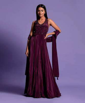 Wine Halter V Neck Sequin Embroidered Full Length Anarkali 2