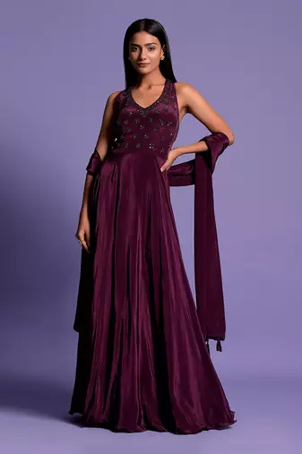 Wine Halter V Neck Sequin Embroidered Full Length Anarkali