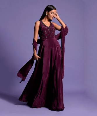 Wine Halter V Neck Sequin Embroidered Full Length Anarkali 3