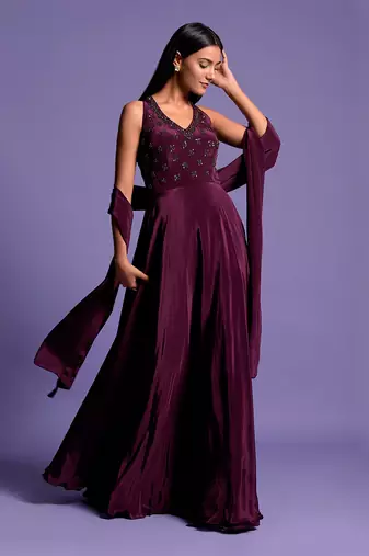 Wine Halter V Neck Sequin Embroidered Full Length Anarkali