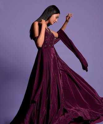 Wine Halter V Neck Sequin Embroidered Full Length Anarkali 4