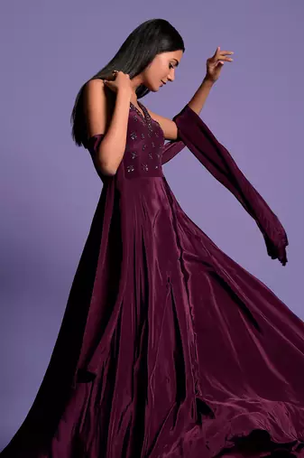 Wine Halter V Neck Sequin Embroidered Full Length Anarkali