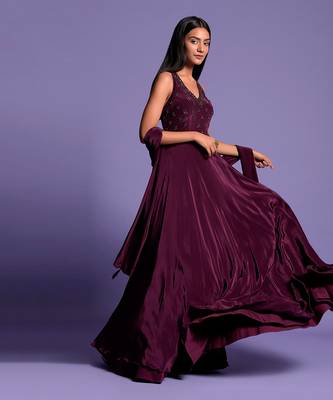 Wine Halter V Neck Sequin Embroidered Full Length Anarkali 5