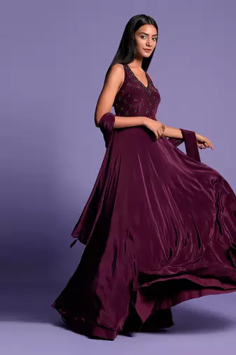 Wine Halter V Neck Sequin Embroidered Full Length Anarkali