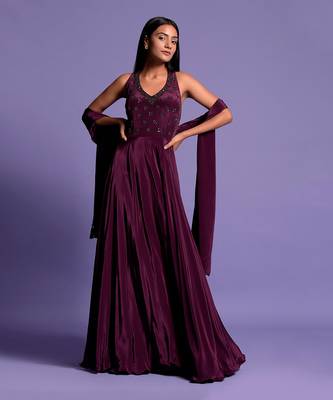 Wine Halter V Neck Sequin Embroidered Full Length Anarkali 6