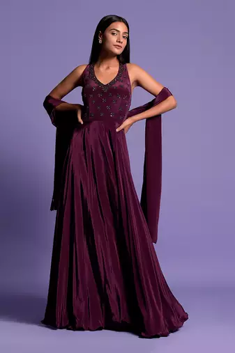 Wine Halter V Neck Sequin Embroidered Full Length Anarkali