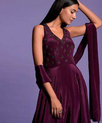 Wine Halter V Neck Sequin Embroidered Full Length Anarkali 7