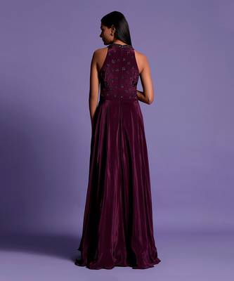 Wine Halter V Neck Sequin Embroidered Full Length Anarkali 8
