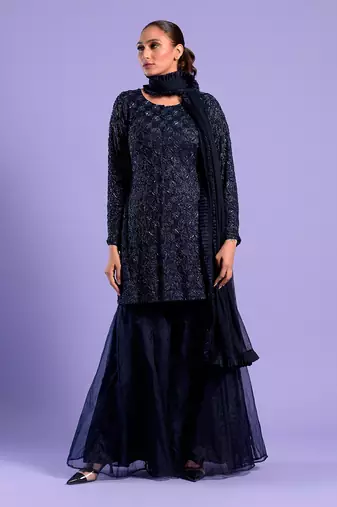 Navy Blue Gharara Set Cutdana And Sequence Work