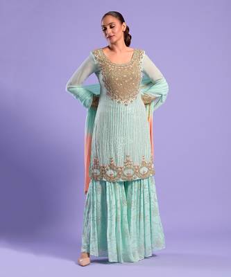 Pista Green Gharara Set Sequence, Beat And Resham Work 1