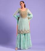 Pista Green Gharara Set Sequence, Beat And Resham Work