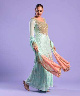 Pista Green Gharara Set Sequence, Beat And Resham Work 2