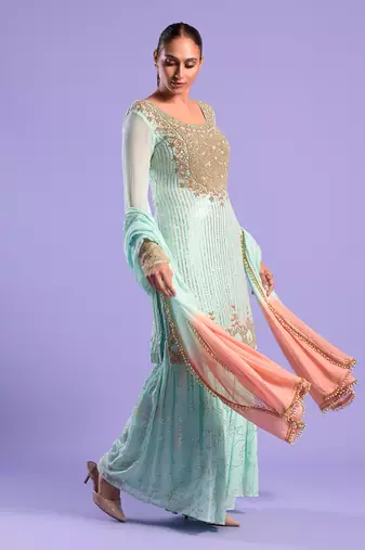 Pista Green Gharara Set Sequence, Beat And Resham Work