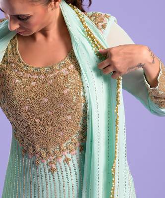 Pista Green Gharara Set Sequence, Beat And Resham Work 3