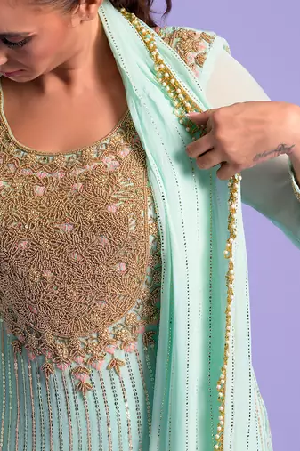 Pista Green Gharara Set Sequence, Beat And Resham Work