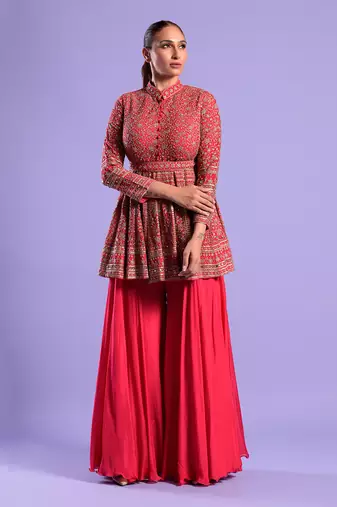 Red Gharara Set Sequence, Mirror And Resham Work