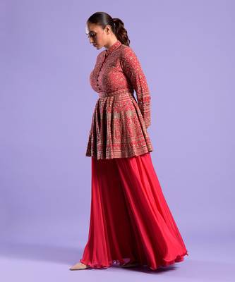 Red Gharara Set Sequence, Mirror And Resham Work 3