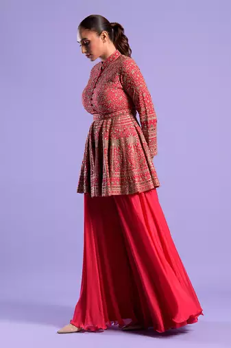 Red Gharara Set Sequence, Mirror And Resham Work