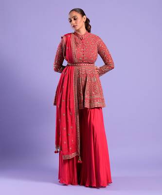 Red Gharara Set Sequence, Mirror And Resham Work 1