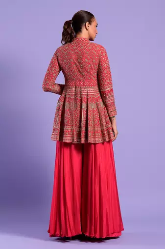 Red Gharara Set Sequence, Mirror And Resham Work