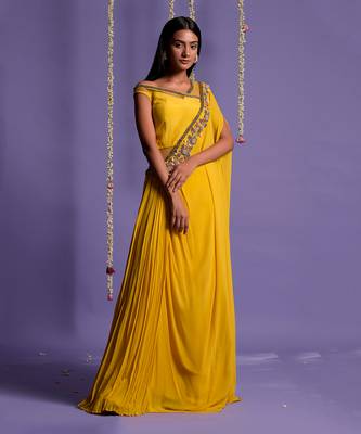 Yellow One Side Embroidered Draped Saree 1