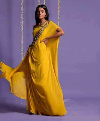 Yellow One Side Embroidered Draped Saree 2