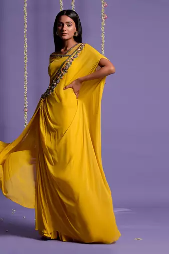 Yellow One Side Embroidered Draped Saree