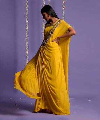 Yellow One Side Embroidered Draped Saree 3