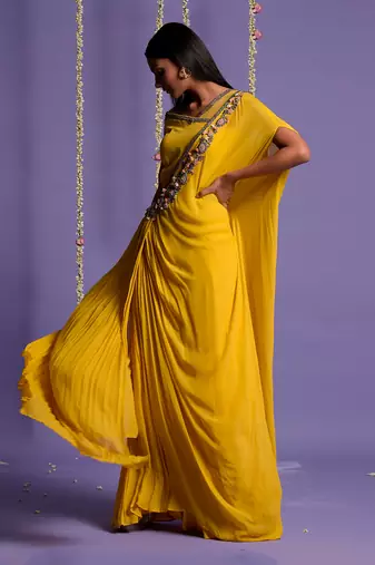 Yellow One Side Embroidered Draped Saree