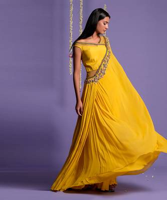Yellow One Side Embroidered Draped Saree 4