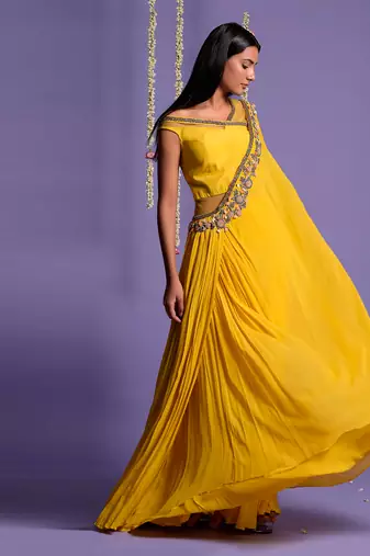 Yellow One Side Embroidered Draped Saree