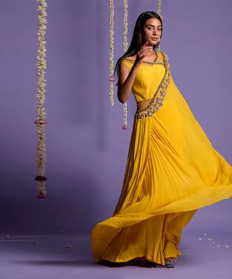 Yellow One Side Embroidered Draped Saree 5