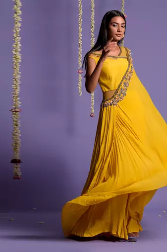 Yellow One Side Embroidered Draped Saree