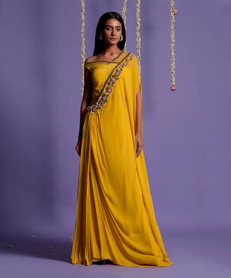 Yellow One Side Embroidered Draped Saree 6