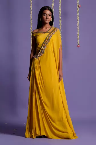Yellow One Side Embroidered Draped Saree