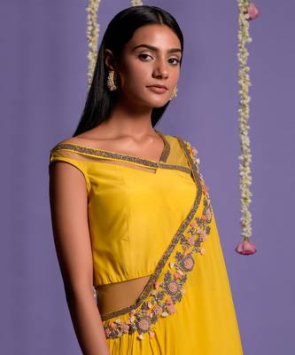 Yellow One Side Embroidered Draped Saree 7