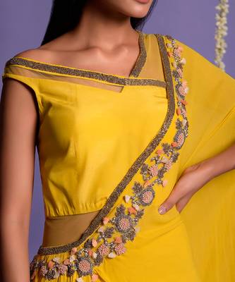 Yellow One Side Embroidered Draped Saree 8