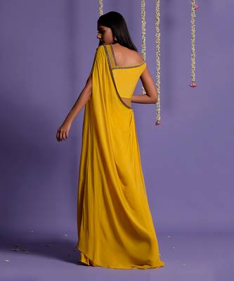 Yellow One Side Embroidered Draped Saree 9