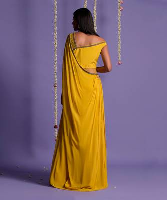 Yellow One Side Embroidered Draped Saree 10