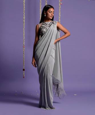 Silver Grey Lycra Drape Saree With Halter Neck Blouse 1