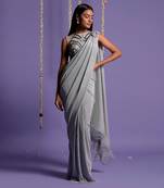 Silver Grey Lycra Drape Saree With Halter Neck Blouse